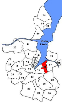 Karte von Kiel. Markiert ist der Stadtteil Ellerbek