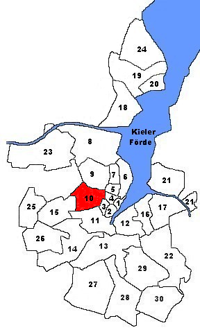 Karte von Kiel. Markiert ist der Stadtteil Schreventeich