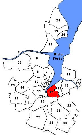 Karte von Kiel. Markiert ist der Stadtteil Gaarden-Ost