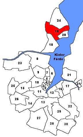 Karte von Kiel. Markiert ist der Stadtteil Pries