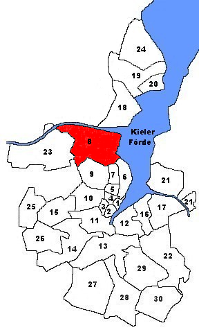Karte von Kiel. Markiert ist der Stadtteil Wik