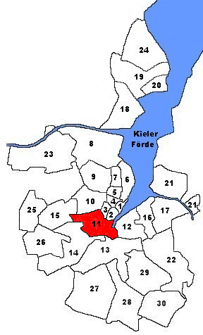 Karte von Kiel. Markiert ist der Stadtteil Südfriedhof