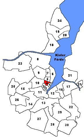 Karte von Kiel. Markiert ist der Stadtteil Damperhof