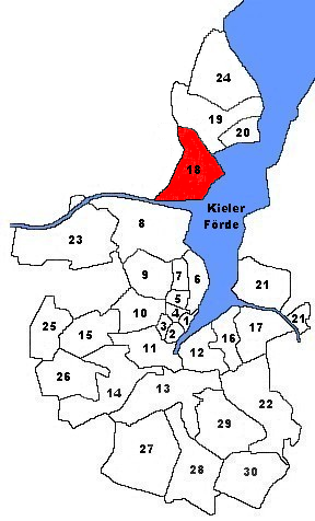 Karte von Kiel. Markiert ist der Stadtteil Holtenau