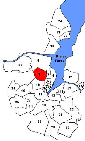 Karte von Kiel. Markiert ist der Stadtteil Ravensberg
